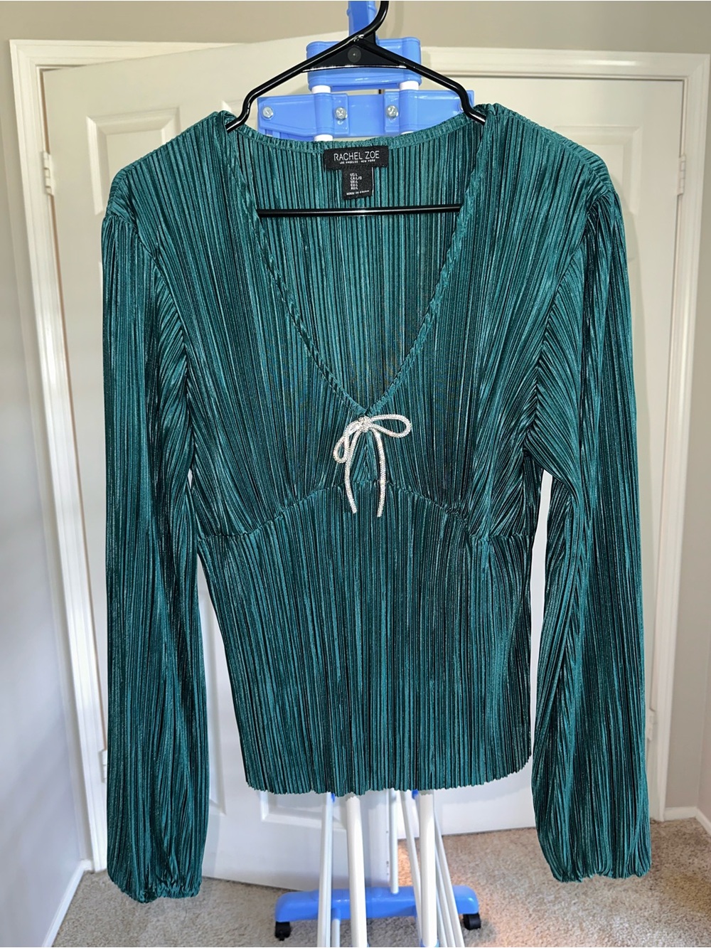 Rachel Zoe Emerald Teal Pleated Long Sleeve V-Neck Top with Tie